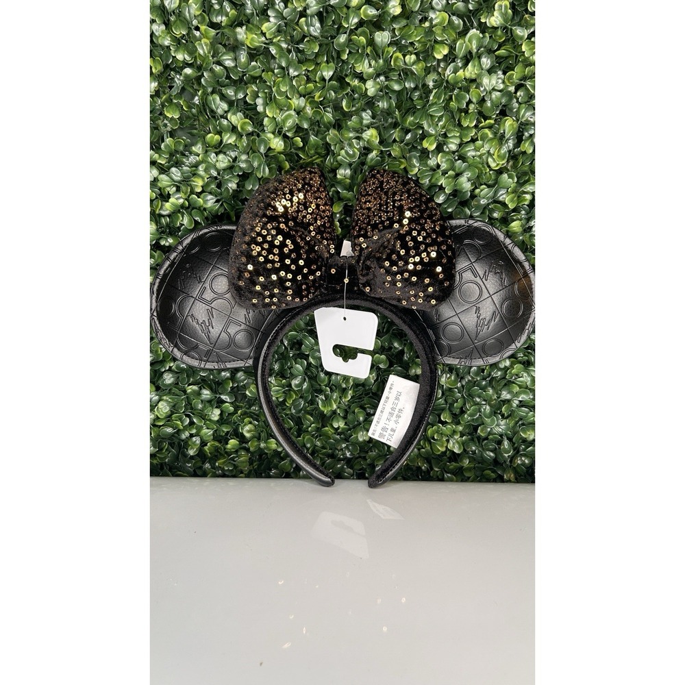 Disney World 50th Anniversary Black Luxe Gold Minnie Headband Ears Sequin  - NEW